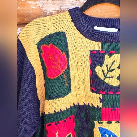 Vintage Alfred Dunner Blue Red Green Patchwork Longsleeve Fall Sweater Leaves - Picture 7 of 10